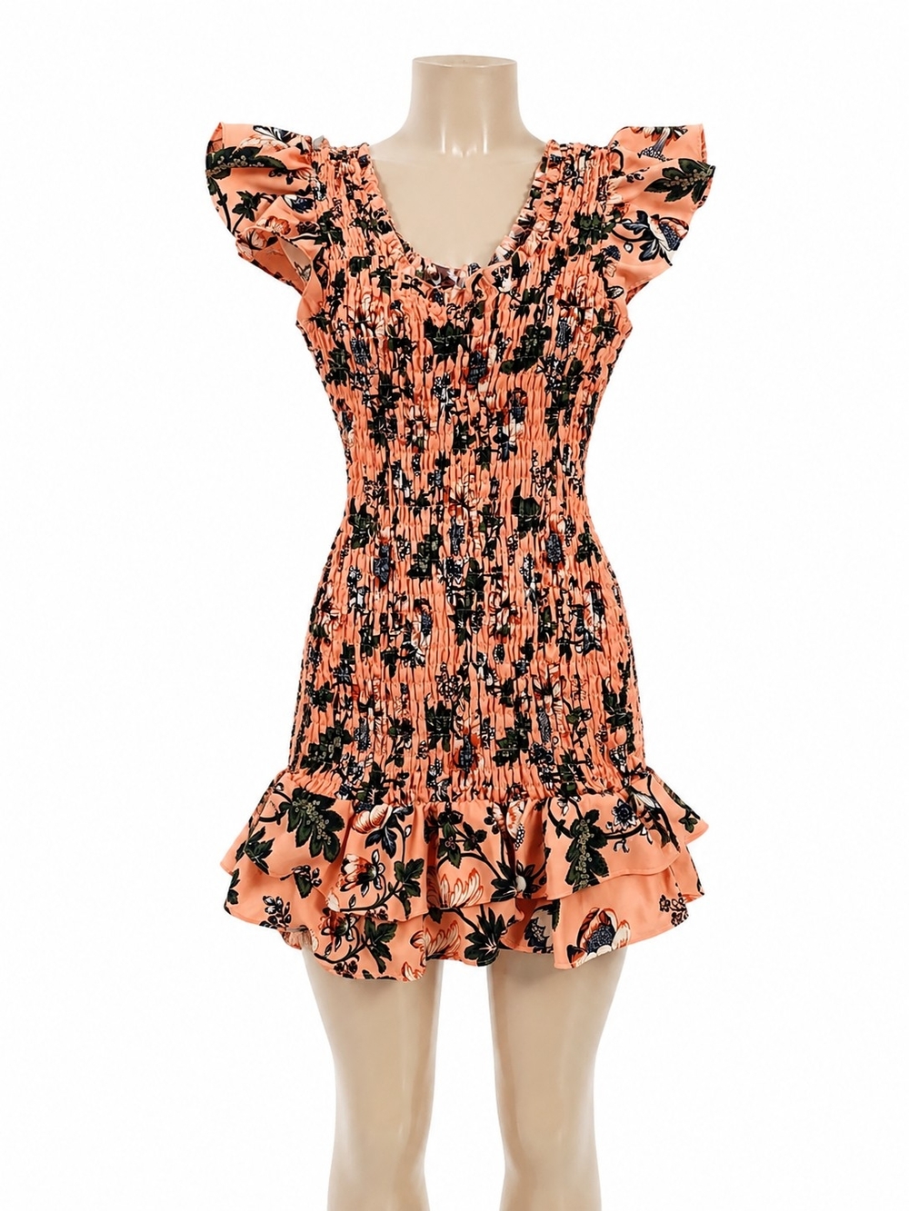 Smocked Peach Floral Ruffle Mini Dress - Women's Summer Dress
